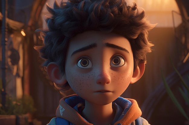 A boy in a blue jacket with the words'pixar'on the front