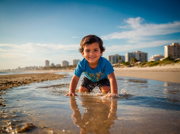 Foto un ragazzo con una camicia blu sta giocando in acqua