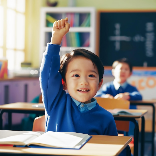 Photo a boy in a blue shirt is raising his hand in front of a chalkboard