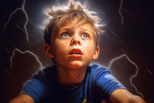 A boy in a blue shirt looks up at a lightning storm