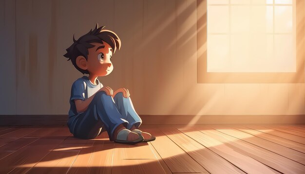 boy in blue shoes sitting on wooden floor inside room