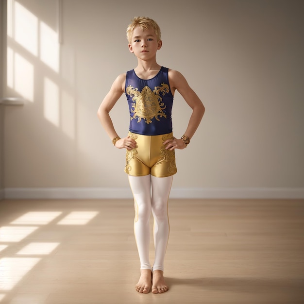 a boy in a blue tank top and yellow shorts stands on a wooden floor.