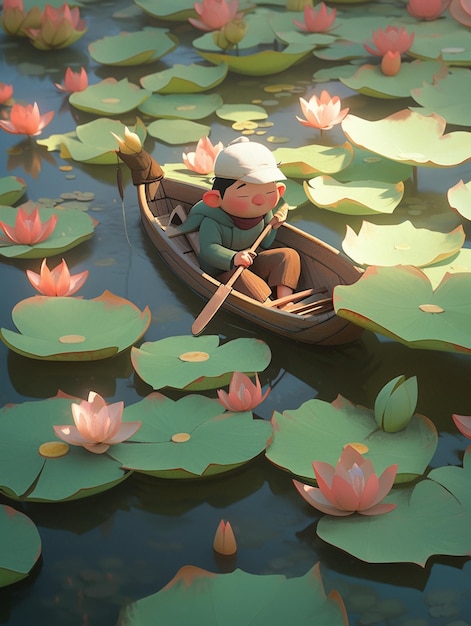 A boy in a boat surrounded by water lilies.