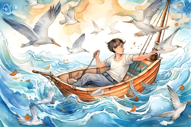A boy in a boat with seagulls flying around him.