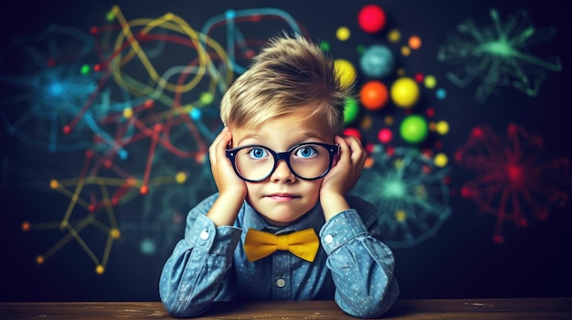 A boy in a bow tie sits in front of a blackboard with a colorful brain on the wall