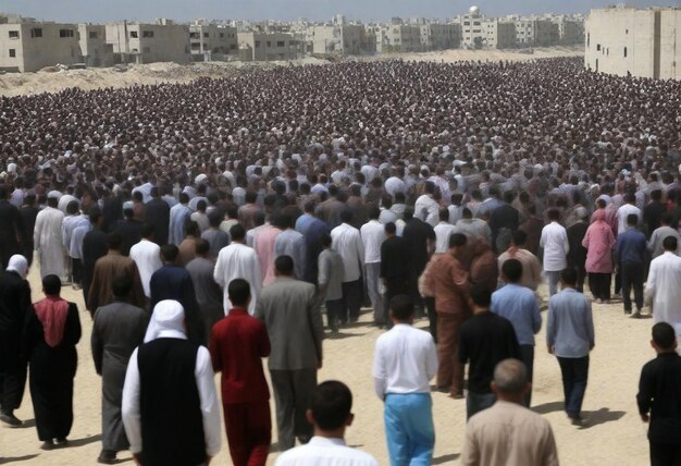 a boy and a boy stand in front of a crowd of people