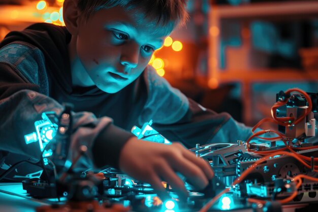 Boy builds LED robot for school robotics club project