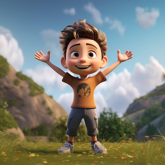 Boy cartoon 3d character raising hands cheering with happy face 3d rendering