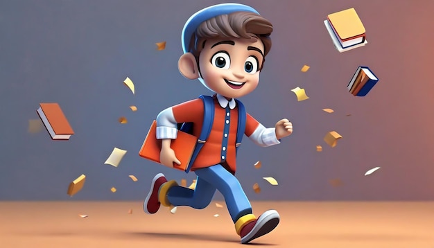 Boy cartoon character running books