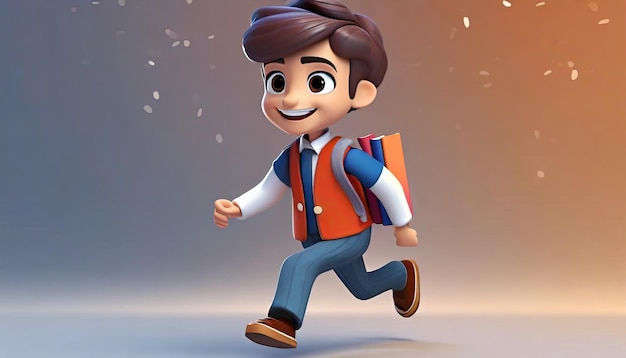 Boy cartoon character running books