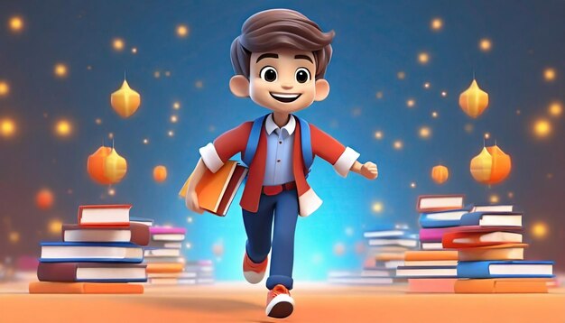 Photo boy cartoon character running books