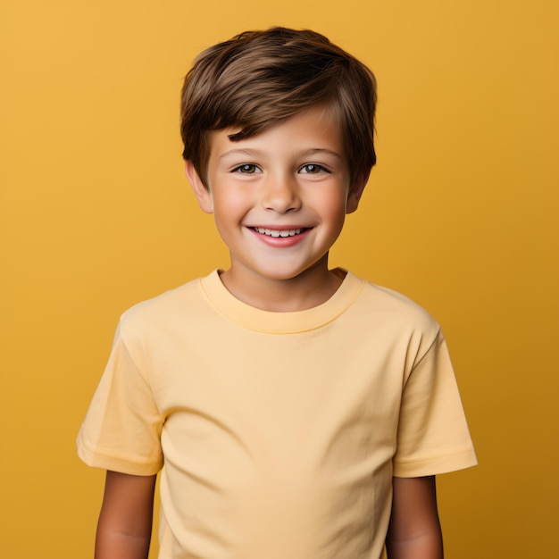 a boy in a casual style on yellow background