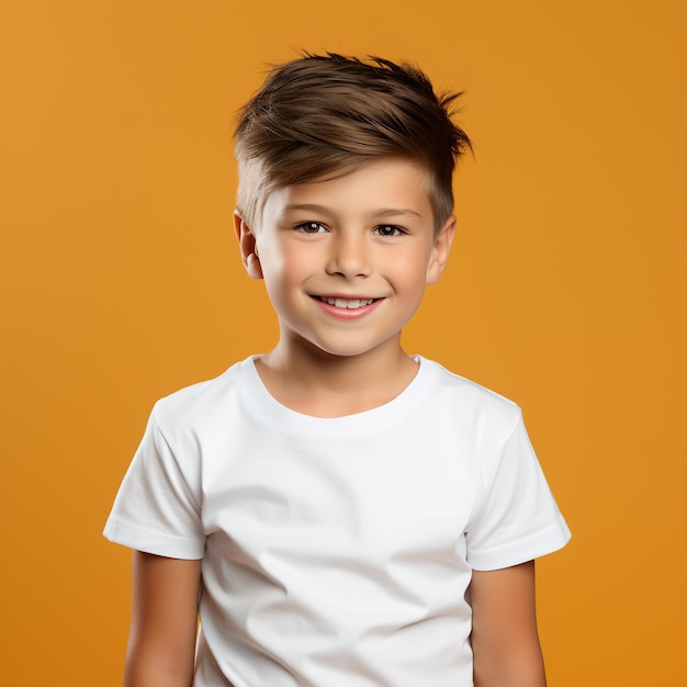 a boy in a casual style on yellow background