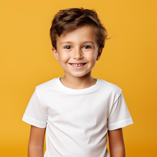 A boy in a casual style on yellow background