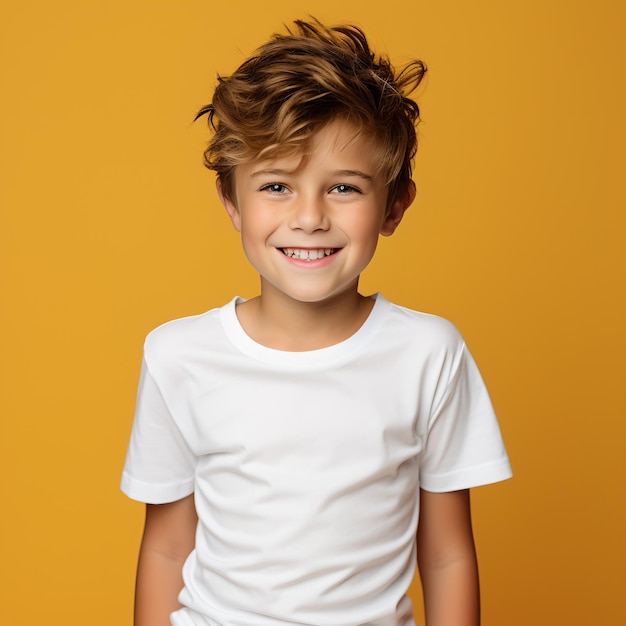 A boy in a casual style on yellow background