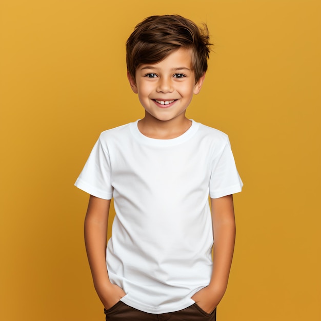 A boy in a casual style on yellow background