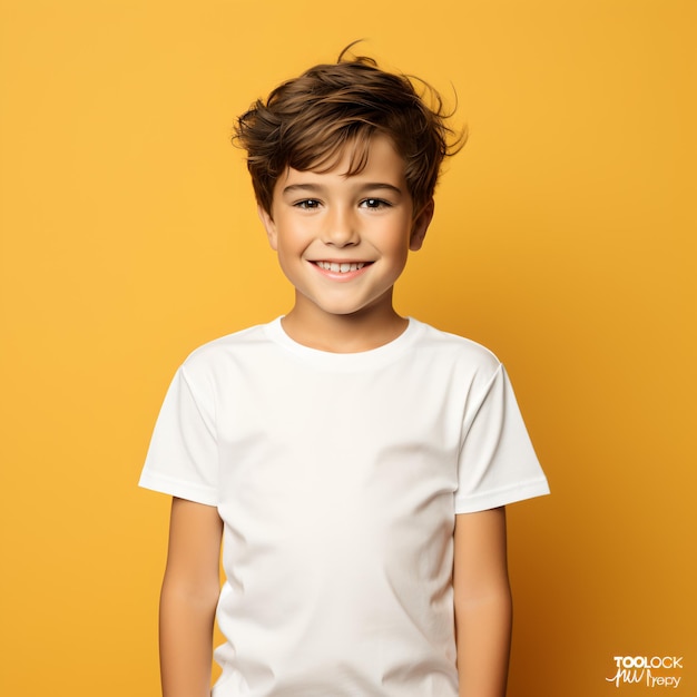 a boy in a casual style on yellow background