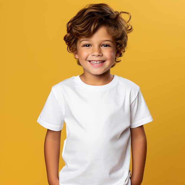 a boy in a casual style on yellow background