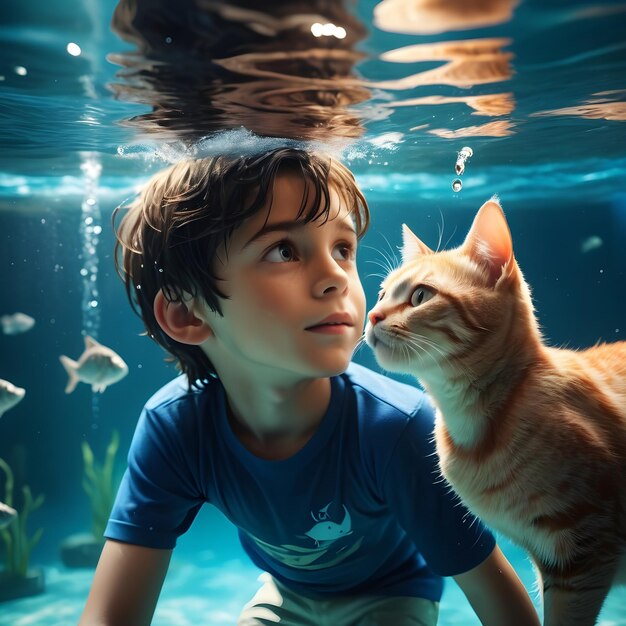 Photo boy and cat are under the water