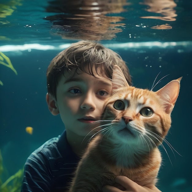 Photo boy and cat are under the water