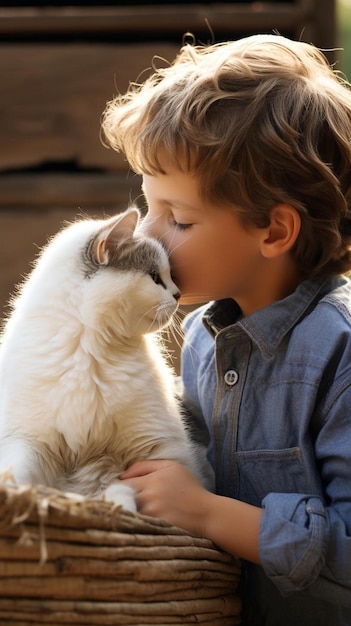 Photo a boy and a cat kissing each other
