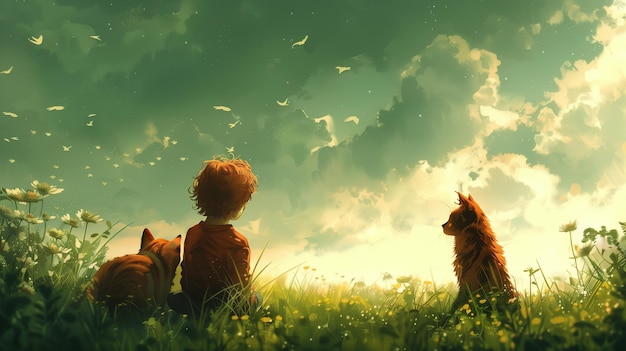 a boy and a cat sit in the grass and look at the sky