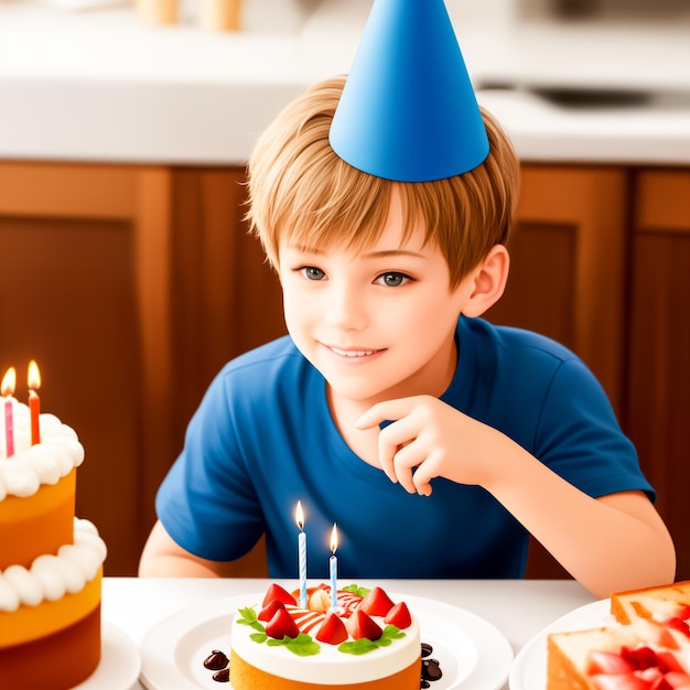 男の子はケーキで誕生日を祝います