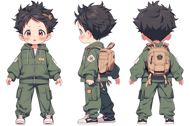 Boy Character Turnaround Concept Sheet of a Cute Anime Kawaii Chibi in Stylish Fashionable Clothing