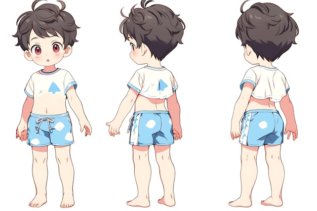 Boy Character Turnaround Concept Sheet of a Cute Anime Kawaii Chibi in Stylish Fashionable Clothing