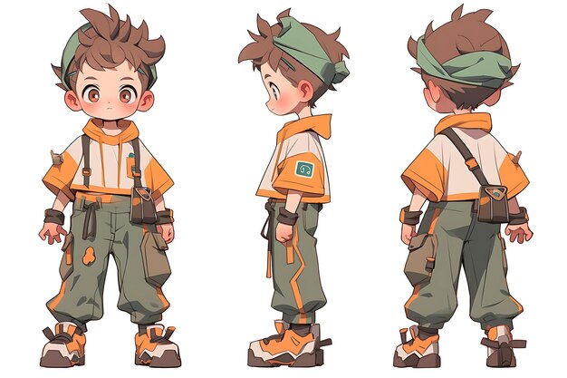 Boy Character Turnaround Concept Sheet of a Cute Anime Kawaii Chibi in Stylish Fashionable Clothing