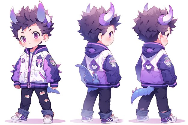 Boy Character Turnaround Concept Sheet of a Cute Anime Kawaii Chibi in Stylish Fashionable Clothing