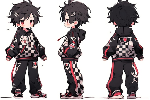 Boy Character Turnaround Concept Sheet van een schattige Anime Kawaii Chibi in stijlvolle modieuze kleding