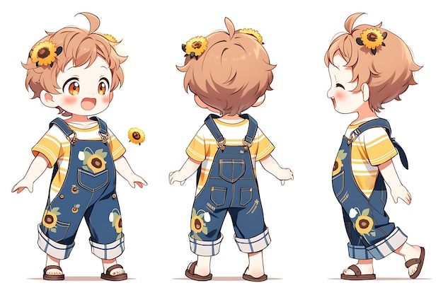 Boy Character Turnaround Concept Sheet van een schattige Anime Kawaii Chibi in stijlvolle modieuze kleding