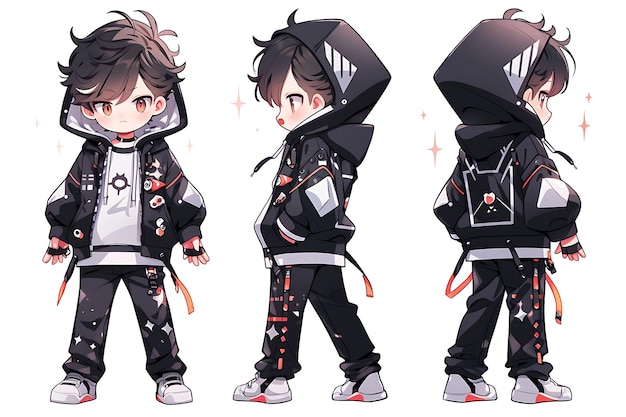 Boy Character Turnaround Concept Sheet van een schattige Anime Kawaii Chibi in stijlvolle modieuze kleding