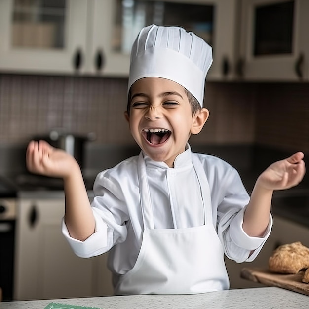 A boy in a chef's hat smiles and shows his hands up in the air.