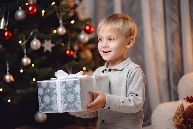 クリスマスツリーの背景に大きなギフトボックスを握っている少年 ⁇ 新年のサプライズ