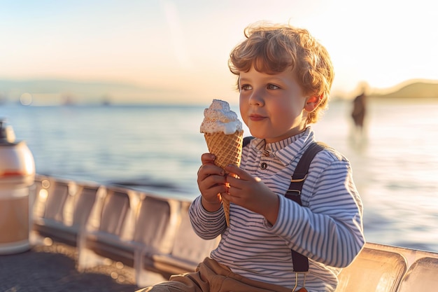 Photo boy child at sunset eating an ice cream by the sea