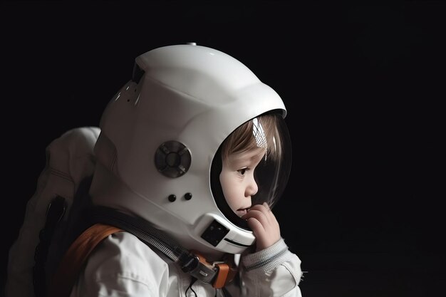 유니폼을 입은 소년 아이 우주비행사의 용감한 직업의 영웅의 헬