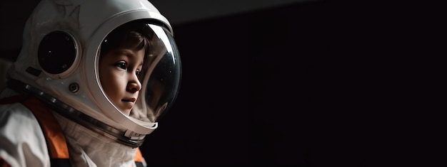 Boy child in uniform suit helmet of hero of brave profession of an astronaut