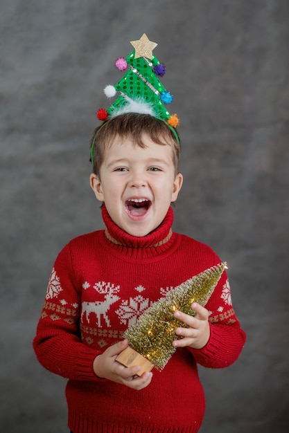 Boy in Christmas sweater and Christmas tree rim with little Christmas tree.