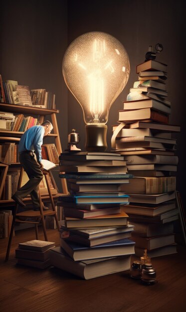 Photo boy climbing ladder to reach glowing light bulb in library full of books