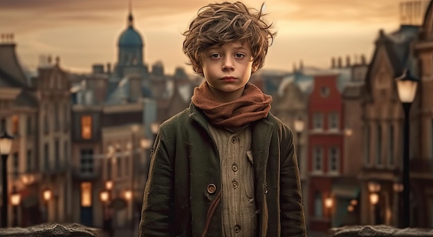 A boy in a coat stands in front of a cityscape.