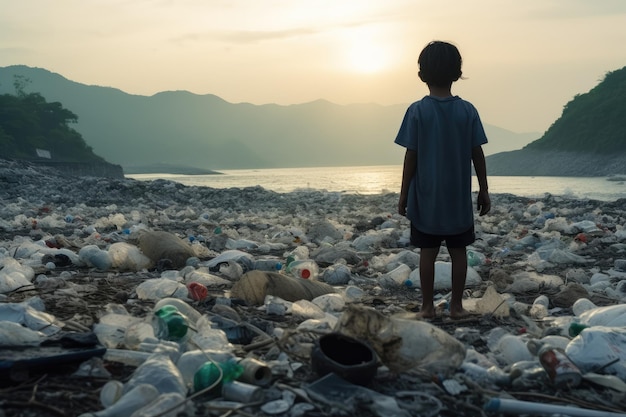 夕暮れのビーチでプラスチック廃棄物を集める少年が環境汚染の概念を描いています