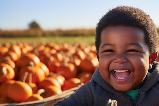 Photo boy collecting pumpkins in a pumpkin plantation to create a jacko'lantern for halloween