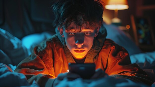 A boy consumed by phone addiction lies exhausted in bed using her smartphone late at night