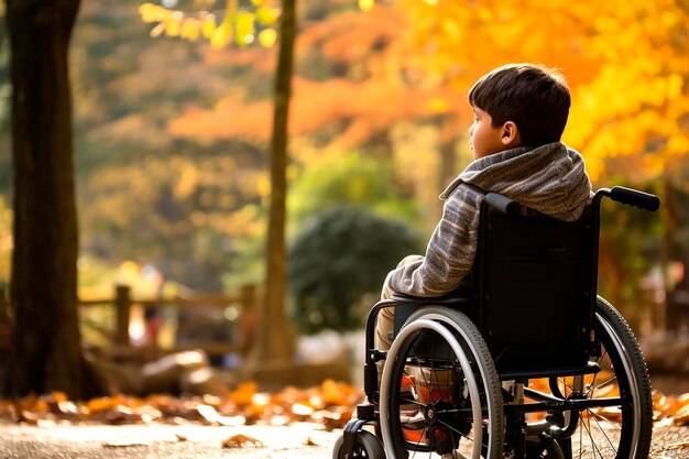 Foto ragazzo che contempla il paesaggio autunnale sulla sua sedia a rotelle