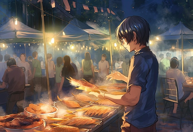 A boy cooking food at a street market