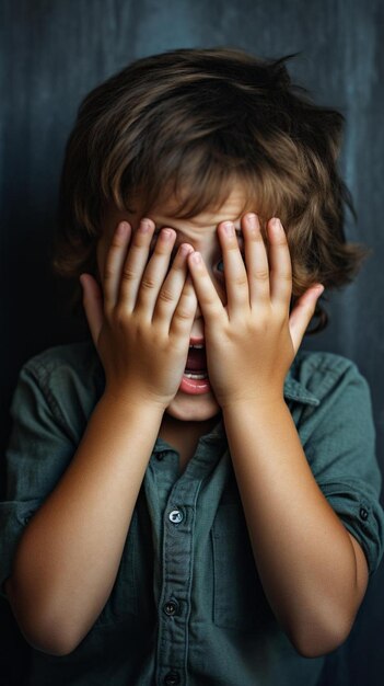 a boy covering his face with his hands