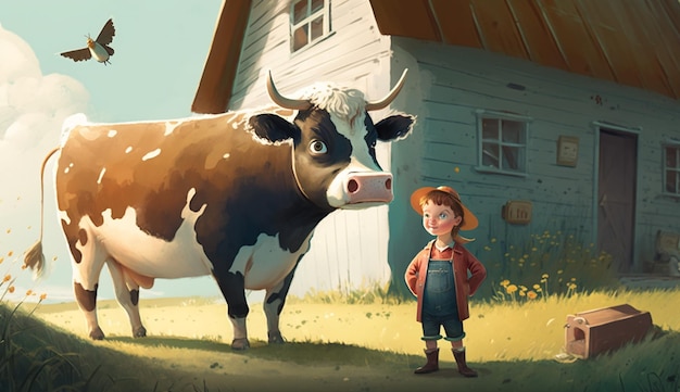 A boy and a cow stand in front of a barn.