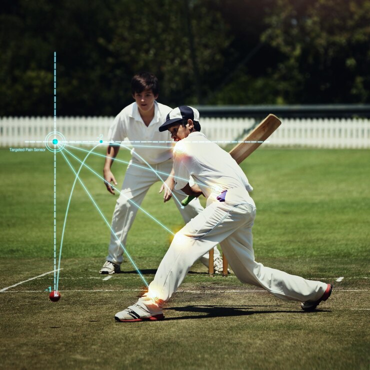 फोटो boy cricket or body injury on sports field with glowing red and ai generated effect from batting action kid child or batting athlete with stress graph hologram or muscle pain from wicket mistake